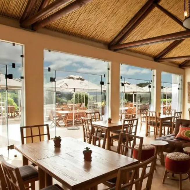 Outdoor dining terrace at sunset